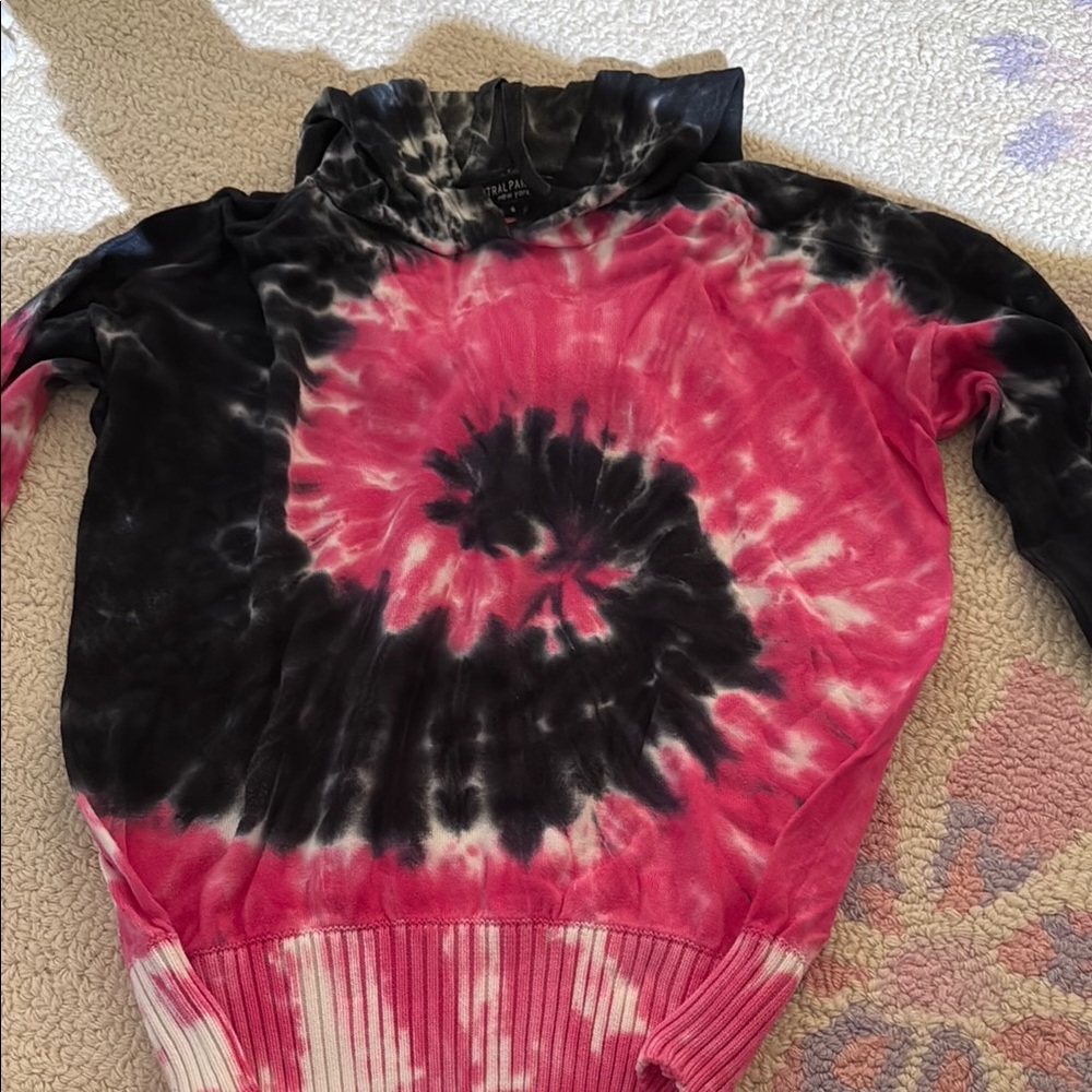 Central Park West Pink and Black Tie-Dye V-Neck Sweater